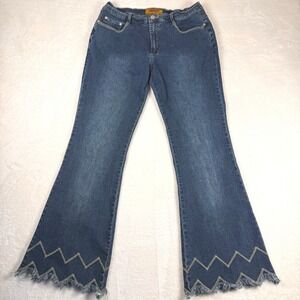 Funhouse Y2K Flare Womens 14 Jeans Zig Zag Embroidered Hem Frayed Boho